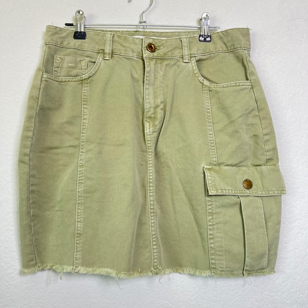 Zara Cargo Mini Skirt M Olive Green Womens Gorpcore Utility Raw Hem Cotton Skirt
